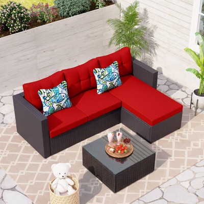 3pc Steel & Wicker Outdoor Conversation Set with Square Coffee Table & Cushions Red - Captiva Designs