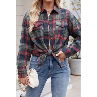 V For City Women's Casual Oversized Button Front Long Sleeve Plaid Shirts with Chest Pockets