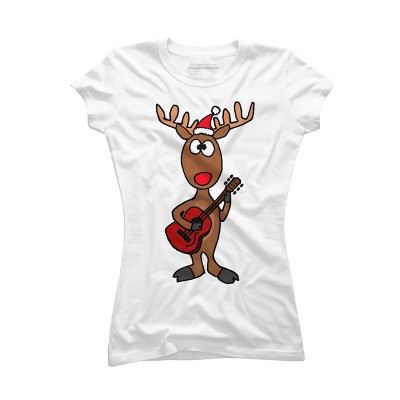Junior's Design By Humans Funny Cool Christmas Reindeer Playing the Guitar By SmileToday T-Shirt