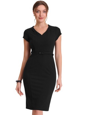 Allegra K Women's V Neck Cap Sleeve Work Business Pencil Dress