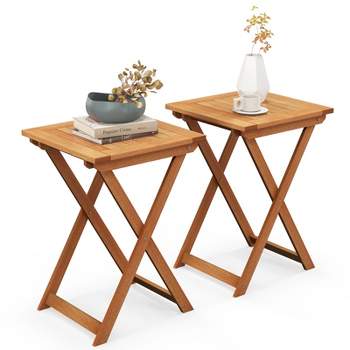 Costway 1/2 PC 20 Inch Patio Folding Table Outdoor Hardwood Bistro Table with Slatted Tabletop