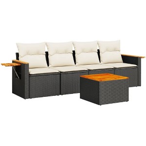 vidaXL 5 Piece Patio Sofa Set with Cushions Black Poly Rattan - Black and Cream - 1 of 4