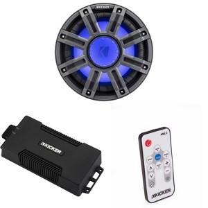 Kicker 48PXA6001 Weatherproof Powersport Mono Amp & 10" 4 Ohm Premium Marine Subwoofer (Charcoal Grill ) Includes LED Remote - 1 of 4
