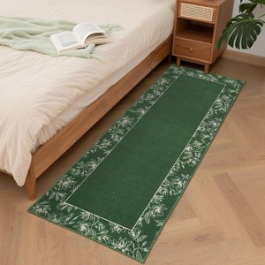 Acekool Washable Runner Rug 2x6 Modern Bordered Floral Print, Non-Slip Low Pile Soft Bedside Rug for Hallway, Laundry, Bedroom,Beige - 1 of 4