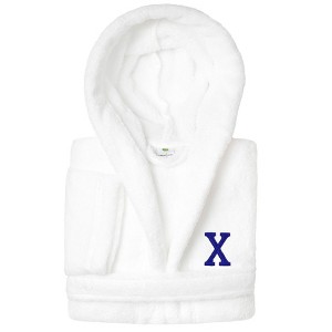 Personalized Linum Kids 100% Polyester SUPER PLUSH Double Brushed Hooded Bathrobe in Navy Bookman Font - 1 of 3