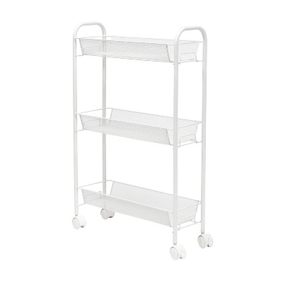 Slim White 3-Tier Wire Mesh Rolling Storage Cart