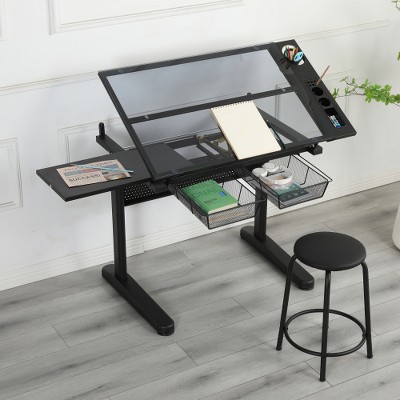 Runesay Adjustable Drafting Table with 2 Metal Drawers and Stool
