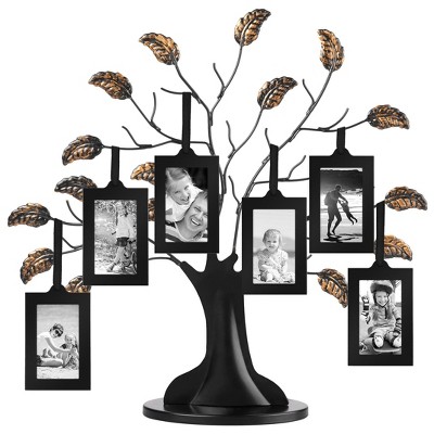 Americanflat Bronze Family Tree with Hanging Picture Frames 2" x 3" in Black and Adjustable Ribbon Tassels - 12"