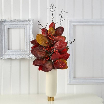 Autumn Elegance 42" Silk Magnolia & Berries in Cream & Gold Planter
