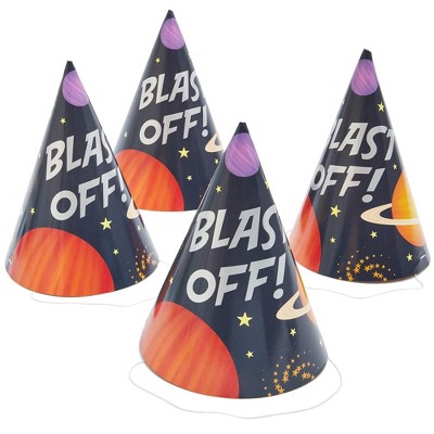 Blue Panda 24-Pack Black Blast Off Party Cone Hats for Kids Outer Space Astronaut Birthday Supplies