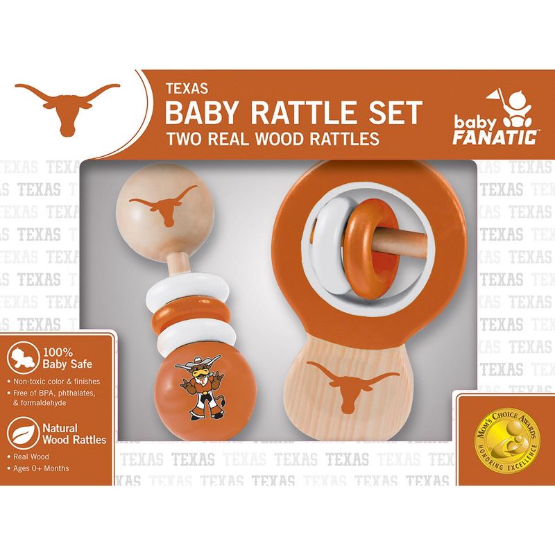 Baby Fanatic Wood Rattle 2 Pack - NCAA Texas Longhorns Baby Toy Set, 1 of 5