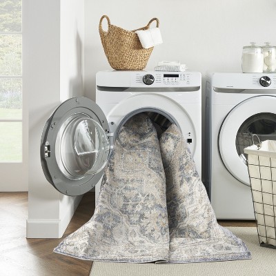 Grey Blue Floral Synthetic 9' x 12' Washable Area Rug