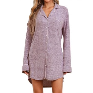 cheibear Women's Button Down Nightgown Strechy Knit Long Sleeves Nightshirt Shirtdress - 1 of 4
