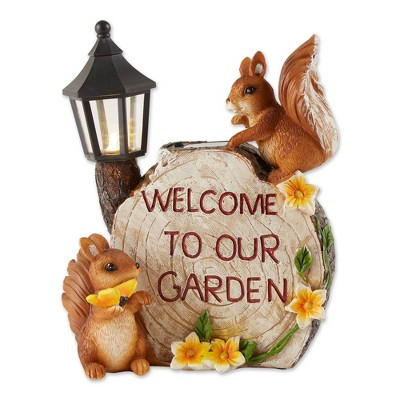 9.5" Polyresin Solar "Welcome to Our Garden" Squirrels Statue - Zingz & Thingz