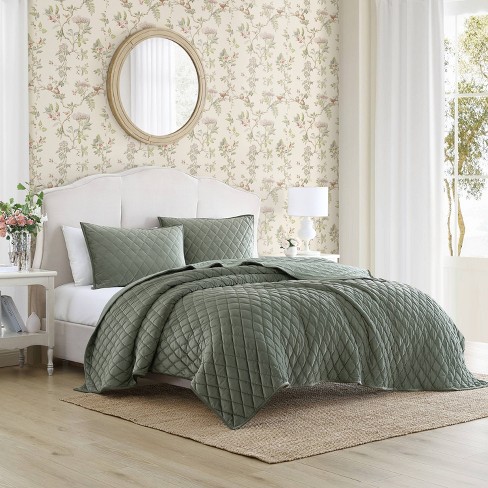 Laura Ashley Diamond 100% Polyester Quilt Bedding Set Green : Target