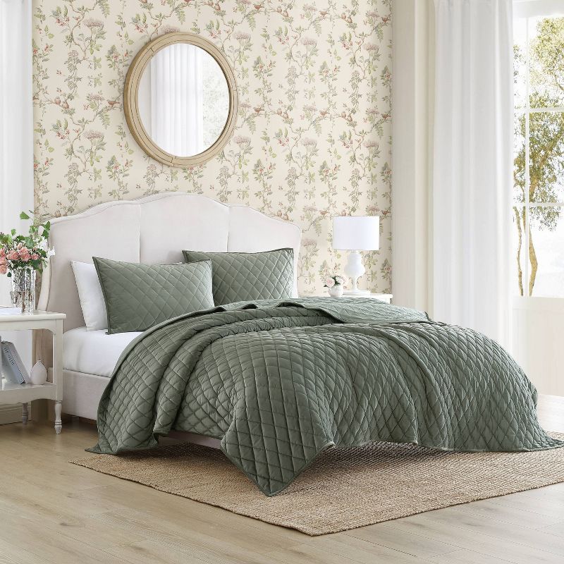 Laura Ashley Diamond 100% Polyester Quilt Bedding Set Green, 1 of 13
