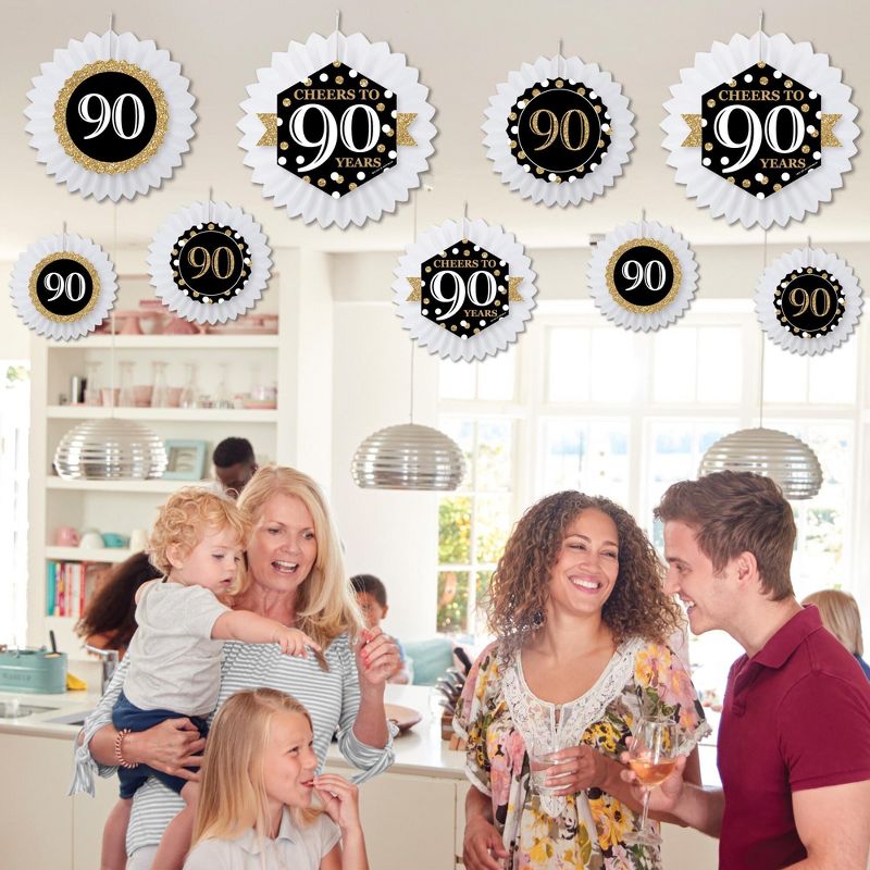 Big Dot of Happiness Adult 90th Birthday - Gold - Hanging Birthday Party Tissue Decoration Kit - Paper Fans - Set of 9, 3 of 8