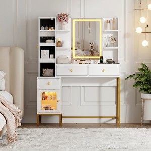 YESFASHION Makeup Vanity with Lights, Vanity Desk with Stool, Modern Dressing Table, 3 Drawers, Cabinet Open Shelves for Bedroom - 1 of 4
