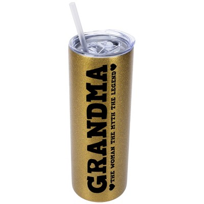 Elanze Designs Vegas Gold 20 Ounce Double Wall Stainless Steel Glitter Travel Tumbler With Sliding Lid And Straw, Grandma The Woman The Myth The