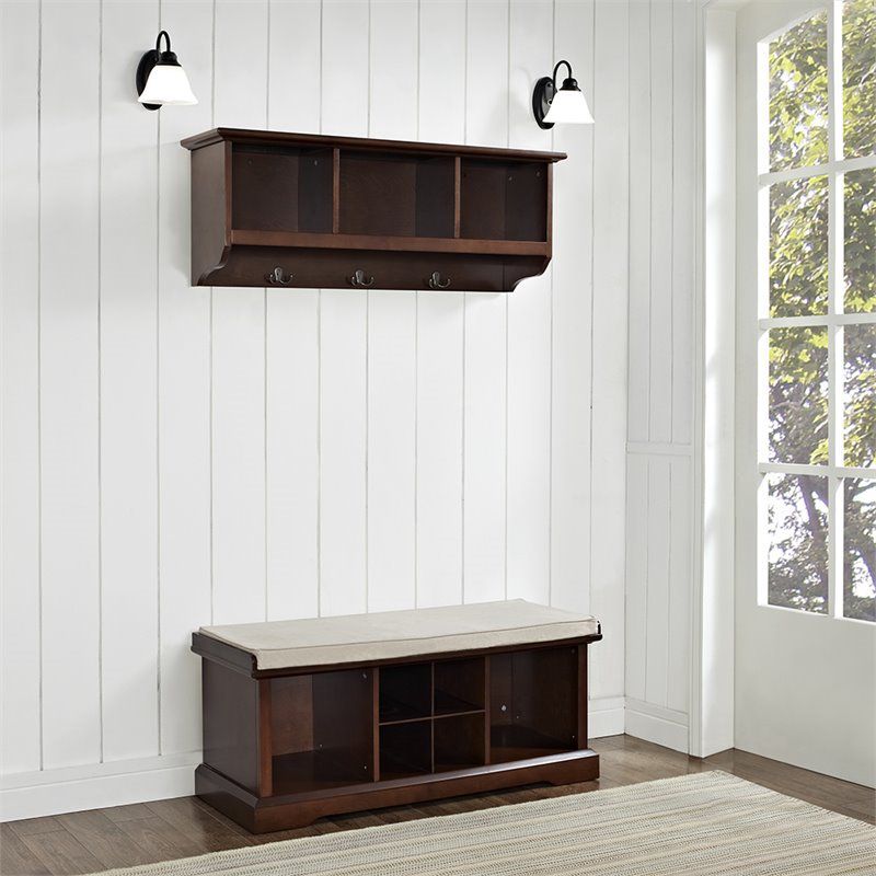Wood 2 Piece Entryway Bench and Shelf Set in Mahogany brown--Bowery Hill, 4 of 5