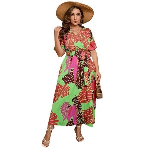 Plus Size Women's V Neck Maxi Dress Belted Waist Flowy Ankle Length Casual Elegant Party Dress - 1 of 4