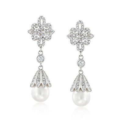 Ross-Simons 7-7.5mm Cultured Pearl and 1.90 ct. t.w. White Topaz Drop Earrings in Sterling Silver