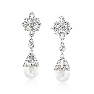 Ross-Simons 7-7.5mm Cultured Pearl and 1.90 ct. t.w. White Topaz Drop Earrings in Sterling Silver - 1 of 3