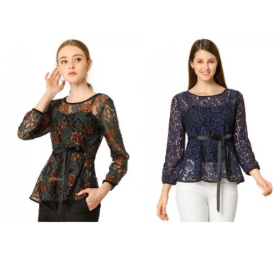 INSPIRE CHIC Women's 2 Packs Semi-Sheer Elegant Tie Waist Long Sleeve Floral Lace Peplum Blouses Green X-Large