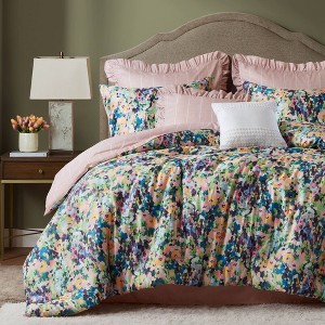 Sapphtopaz 8PCS Comforter Set Cotton Romantic Floral Print & Reversible Quilt Stripe Design Bedding Set with Euro Ruffle Pillow Sham - 1 of 4