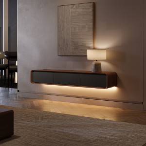 POVISON 63" Modern Floating TV Console with LED Lights, Dark Wood & Black Wall-Mounted Media Console with Storage - 1 of 4