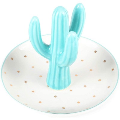 Okuna Outpost Blue Cactus Ceramic Ring Holder, Polka Dots Jewelry Dish (4.6 x 3.9 Inches)