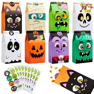 Joyfy 72PCS Halloween Trick or Treat Candy Bags, 6 Styles Pastries Goodie Paper Bags with Stickers, Halloween Party Favors Exchange Supplies for Kids
