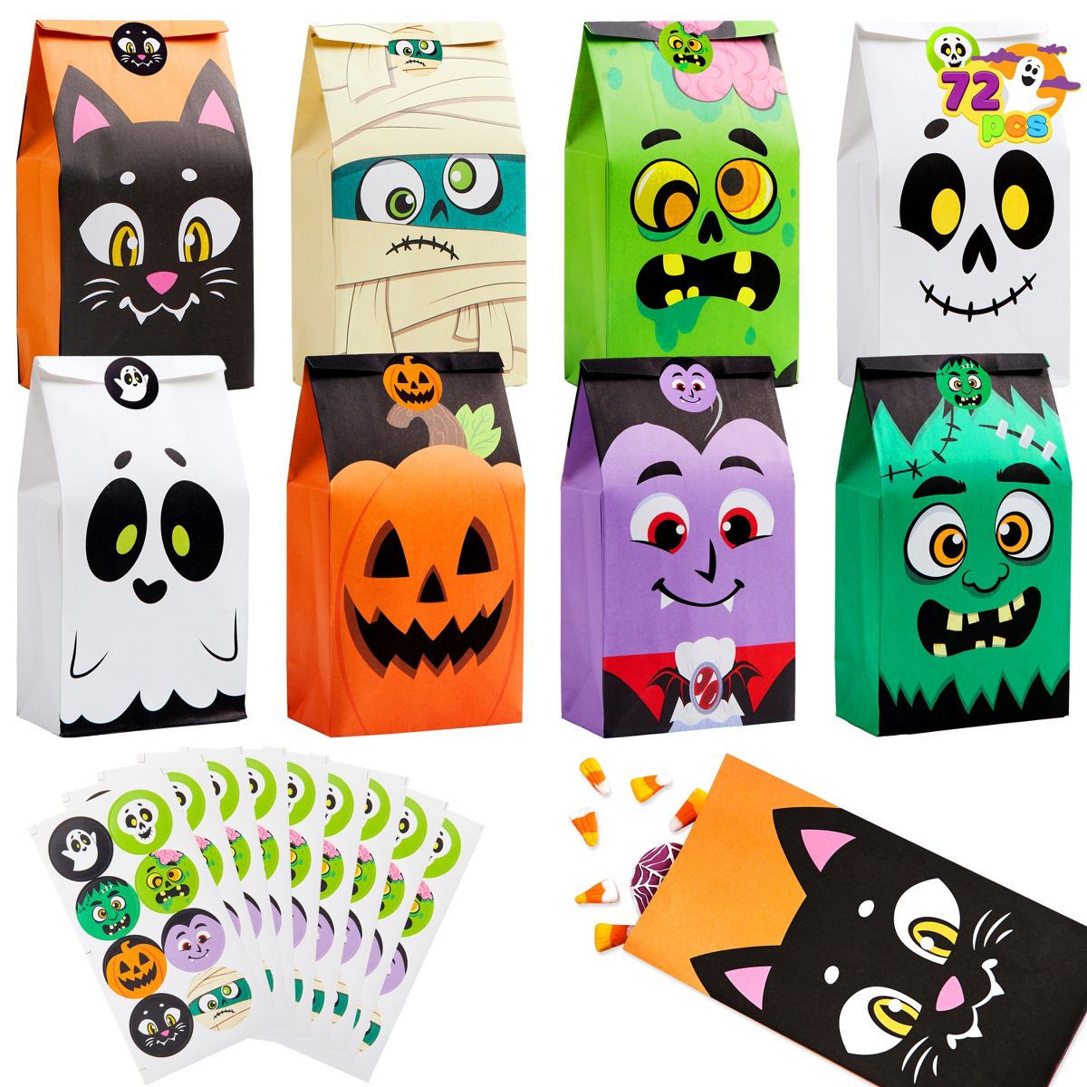Joyfy Halloween Party Favors 72PCS Halloween Trick or Treat Candy Bag Pastries Goodie Paper Bags with Stickers for Kids Exchange Supplies 6 Styles