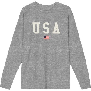 Americana USA Flag Crew Neck Long Sleeve Heather Gray Adult Tee - 1 of 2