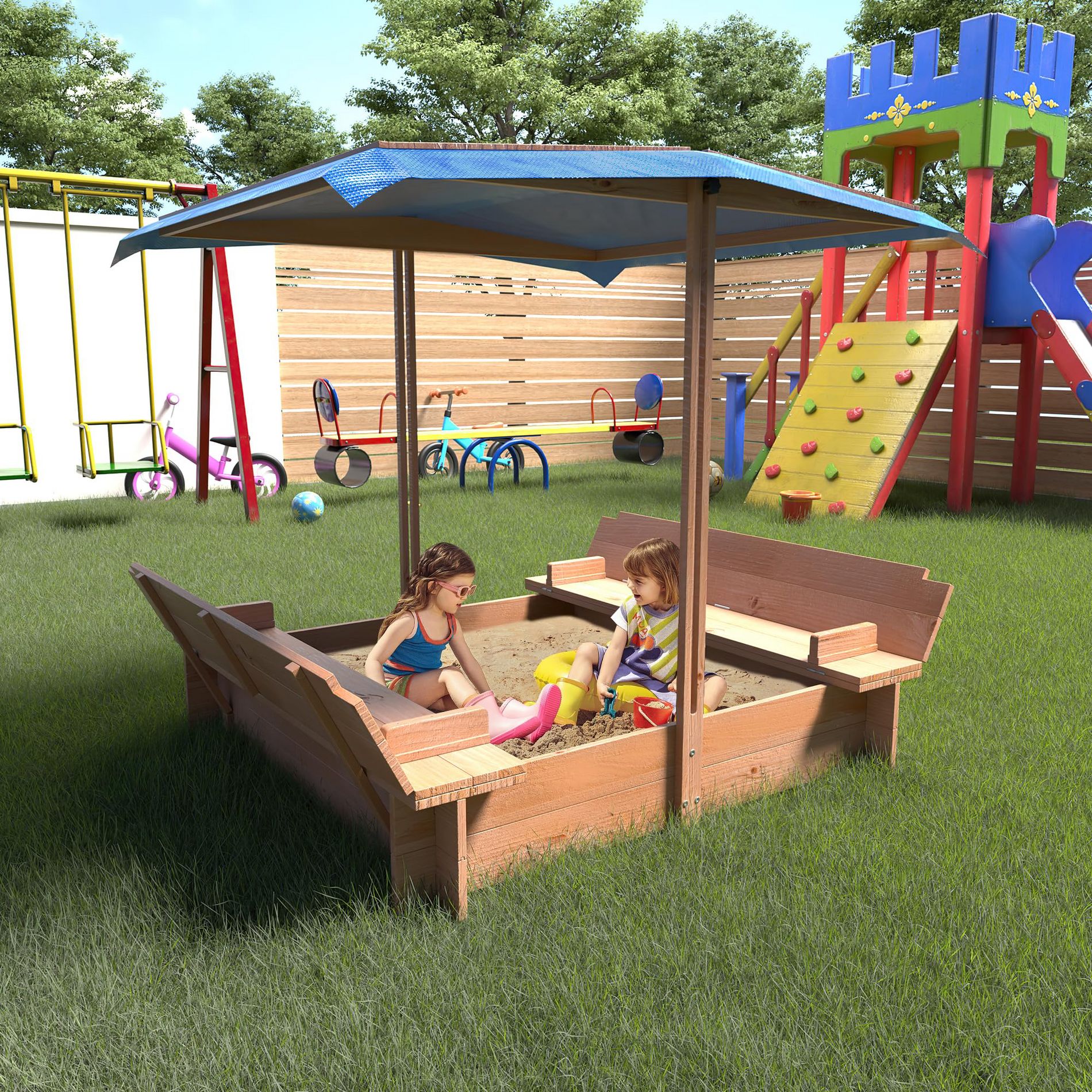 Kids Wooden Sandbox with Adjustable Canopy,with Cover and Adjustable Roof, Wooden Cabana Sand Box, Canopy Sand Box with Lid & 2 Foldable Bench Seats