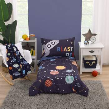 Everything Kids Solar System Navy, Orange, and Yellow Blast Off 4 Piece Toddler Bed Set