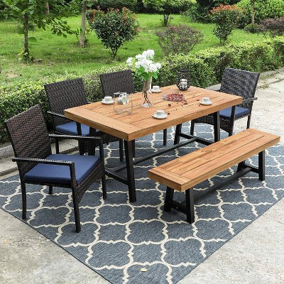 6pc Patio Dining Set with Acacia Wood Table & Bench and 4 PE Rattan Chairs - Captiva Designs