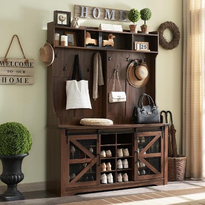 SinCiDo 59" Shoe Racks with 20 Shoe Cubbies & 12 Coat Hooks & Sliding Barn Doors, Farmhouse Entryway Hutch, Brown