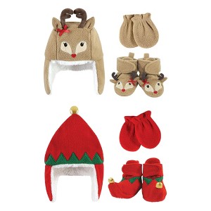 Hudson Baby Infant Girls 6Pc Trapper Hat, Mitten and Bootie Set, Red Elf Girls Reindeer - 1 of 3