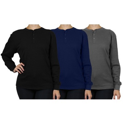 Blue Ice  Women's Loose Fit  Waffle-Knit Thermal Henley- 3 Pack