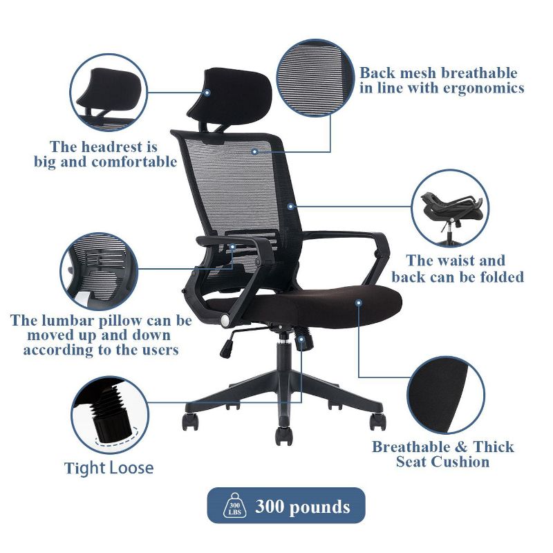 High Back Office Chair with Fixed Arms and Headrest, Black, Home Office Chair with Lumbar Support, Easy Assemble Chair-The Pop Home, 4 of 11