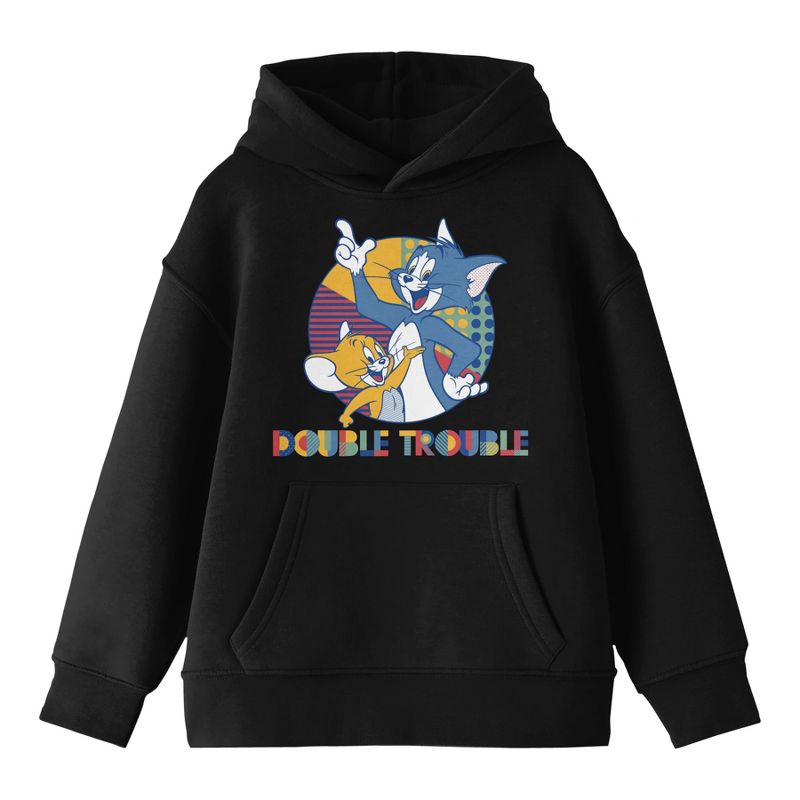 Tom & Jerry Double Trouble Long Sleeve Boys' Black Hooded Sweatshirt, 1 of 4