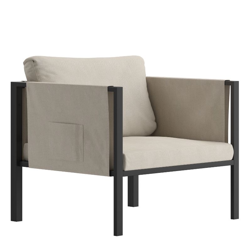 Emma and Oliver Indoor Outdoor Patio Lounge Chair, Steel Framed Club Chair with Cushions and 2 Storage Pockets, 1 of 10