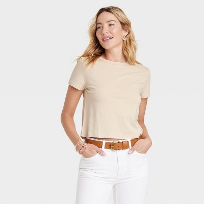 Women's Shrunken Short Sleeve T-Shirt - Universal Thread™ Tan XS