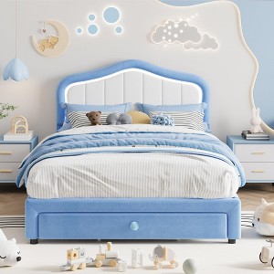 Coucheta Upholstered Bed Frame with LED Lights, Storage Drawer & Headboard,Velvet Platform for Kids, No Box Spring Needed - 1 of 4