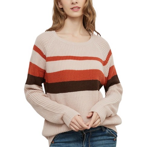 Anna-Kaci Women's Long Sleeve Color Block Striped Casual Pullover Sweater- Large,Khaki - image 1 of 4