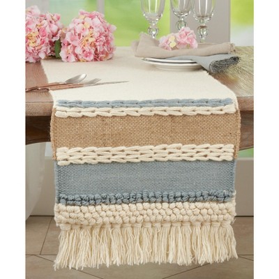 Blue and Natural Wool Boho Table Runner with Tassels