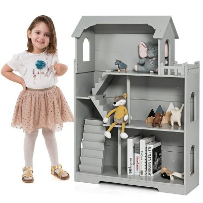 Costzon Kids Wooden Dollhouse Bookshelf, 3-Story Cottage with Anti-Tip Design & Storage, 2-in-1 Pretend Playset for Room or Playroom (Gray)