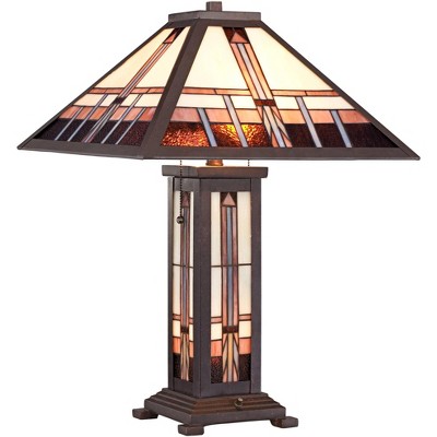 Robert Louis Tiffany Art Deco Table Lamp with Nightlight Bronze Stained Glass Shade for Living Room Family Bedroom Nightstand