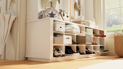 White MDF Wide Hall Tree with Shoe Cubbies and Hooks